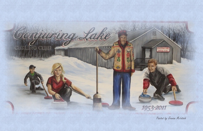 The mural painted in the Calmar Curling rink to commemorate the Conjuring Lake curling Club. (Photo courtesy of the Conjuring Lake Curling Club.)