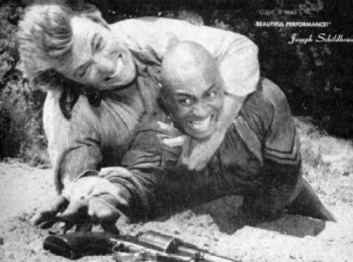 Woody Strode with Clint Eastwood in Rawhide episode “Incident of the Buffalo Soldier." Image from: http://www.blackpast.org/aaw/strode-woody-1914-1994, public domain.