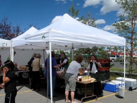 Hutterite women serving at their stall at the Shawnessey Farmers’ Market, 2015. (Photo by Simon M. Evans)